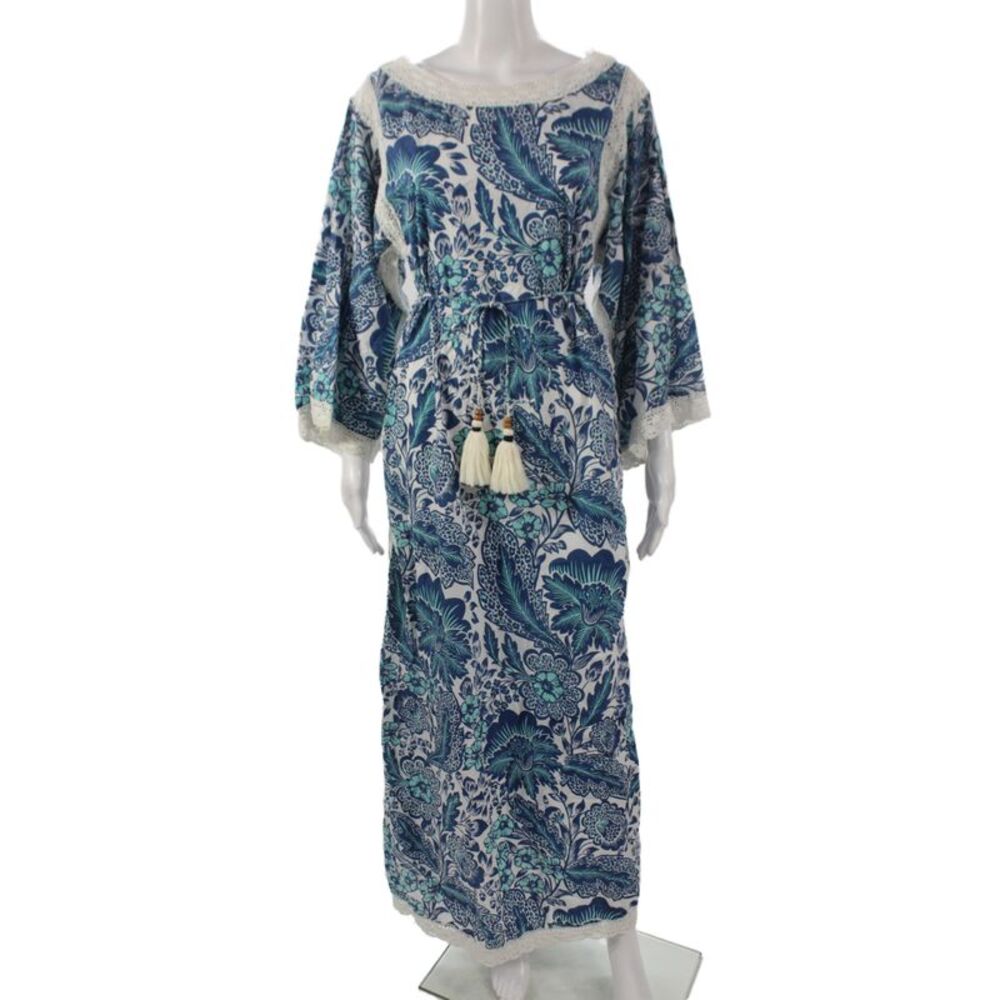 Tory Burch Women Kaftan Dress Blue Floral Cotton Long Sleeve Drawstring Size 4